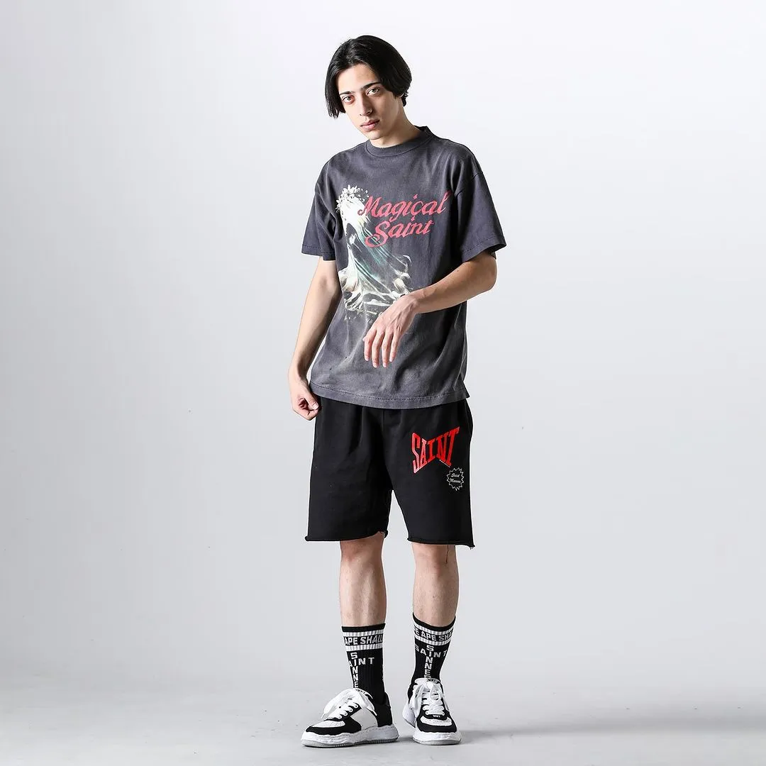 SAINT Mxxxxxx 'SAINT' SWEAT SHORTS/GRY/BLK embroidered SAINT LOGO basic shorts, distressed gray/washed black S-XL, four needles and six threads throughout, produced by a major domestic factory, imported Tajima machine embroidery, washed and distressed, original version